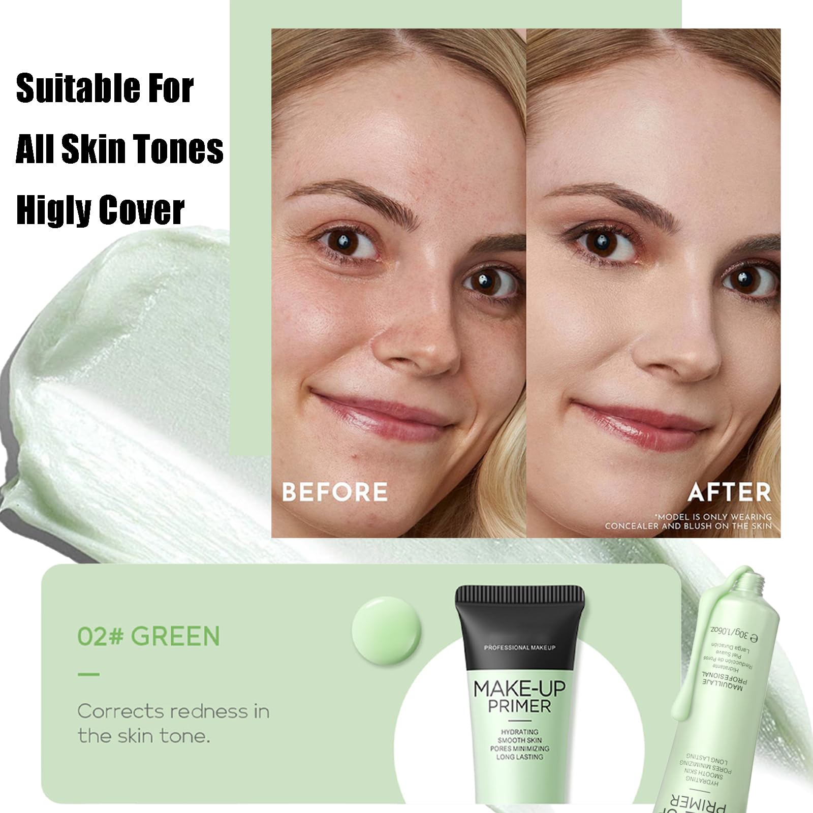 Green Colour Corrector Primer Makeup, Professional Green Colour Correcting Makeup Primer - Image 3