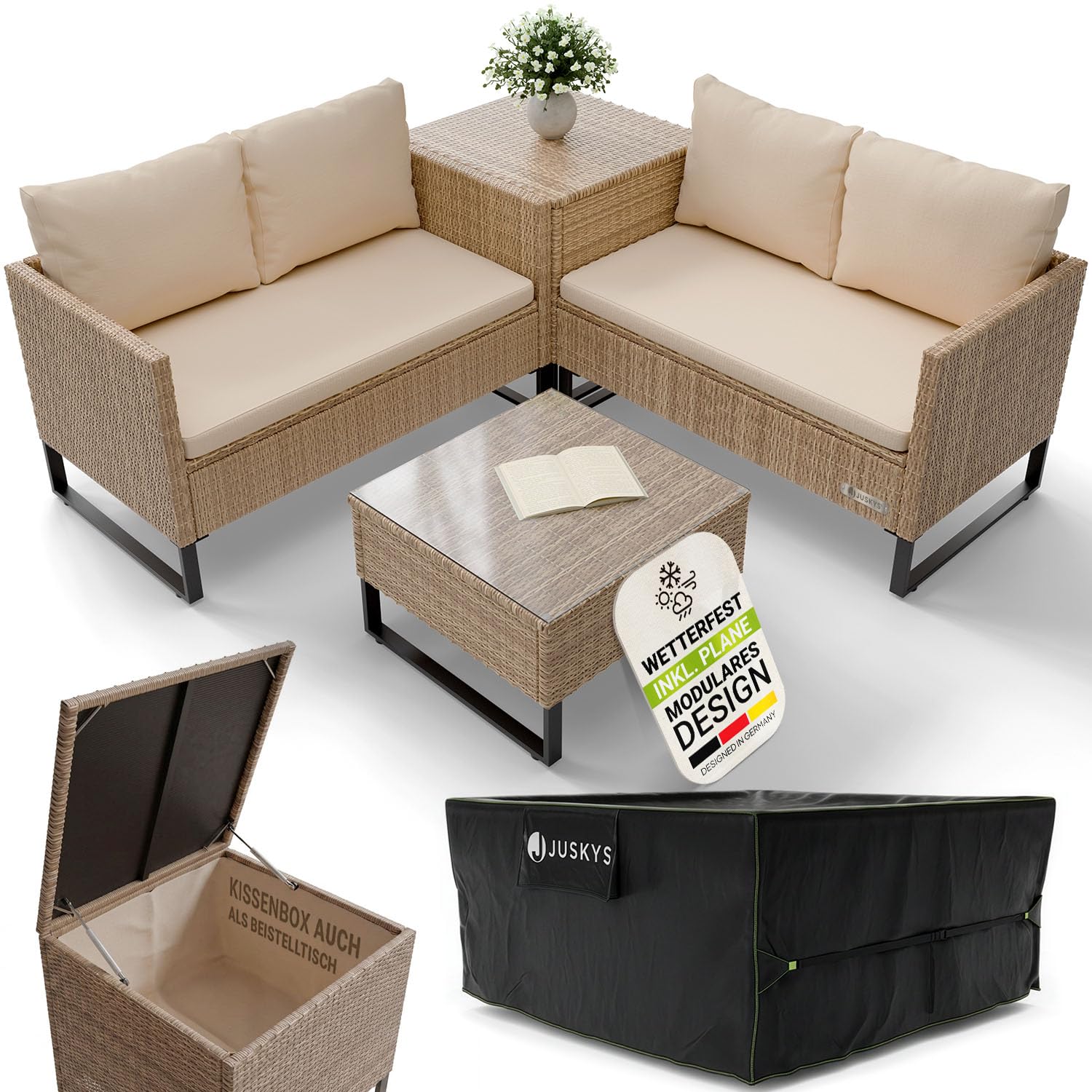 Juskys® Outdoor Polyrattan Lounge Santorini inkl. Abdeckung - Gartenlounge mit Beistelltisch & Auflagenbox - Gartenmöbel Set Rattan Sitzecke wetterfest - Creme