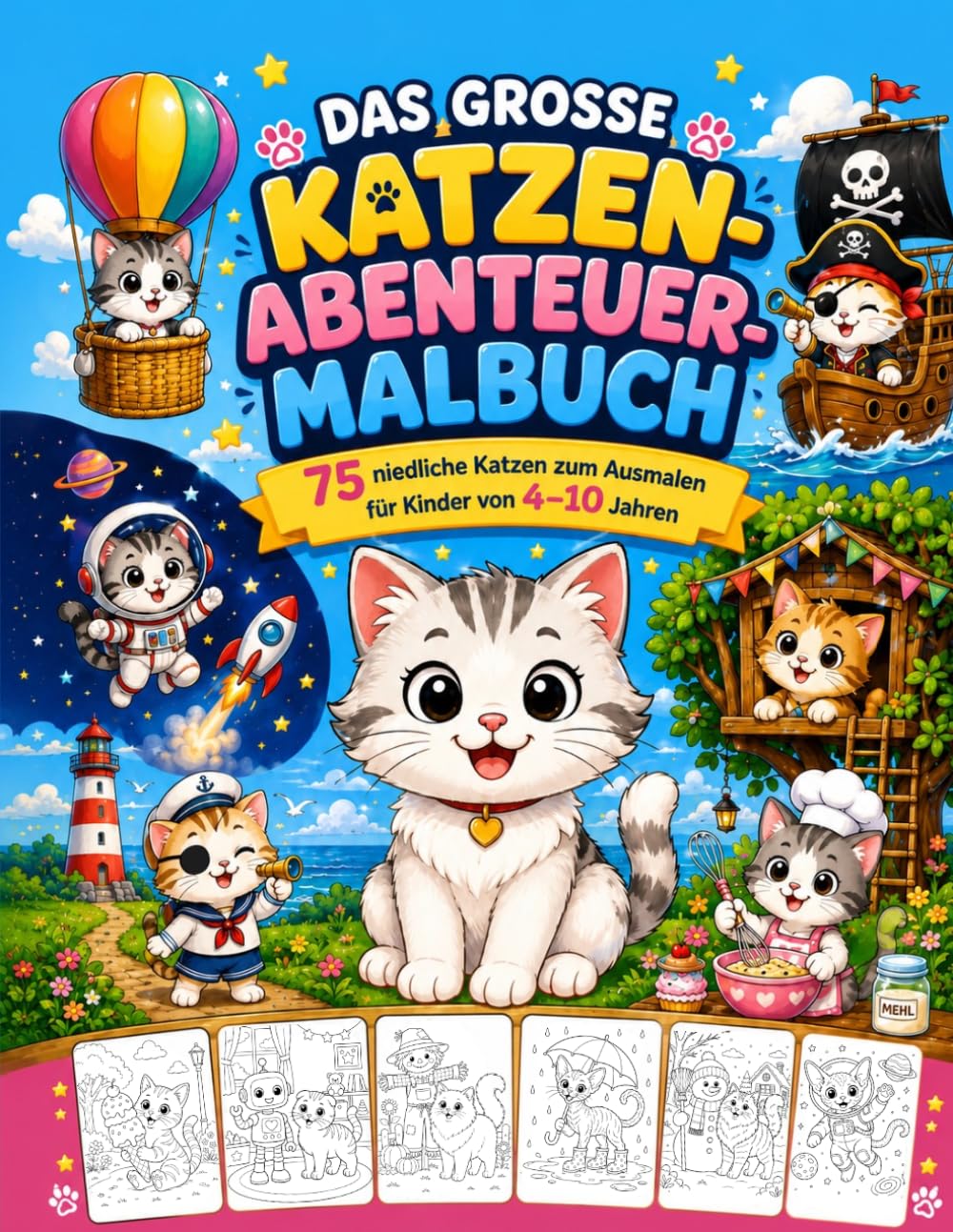 Das große Katzen-Abenteuer Malbuch: 75 niedliche Katzen zum Ausmalen für Kinder von 4–10 Jahren