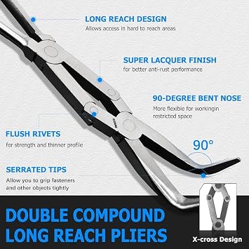 13-inch Long Reach Needle Nose Pliers Set, 3-Piece Double Jointed Pliers with Straight, 45 & 90 Degree Bent Tips for Narrow Spaces