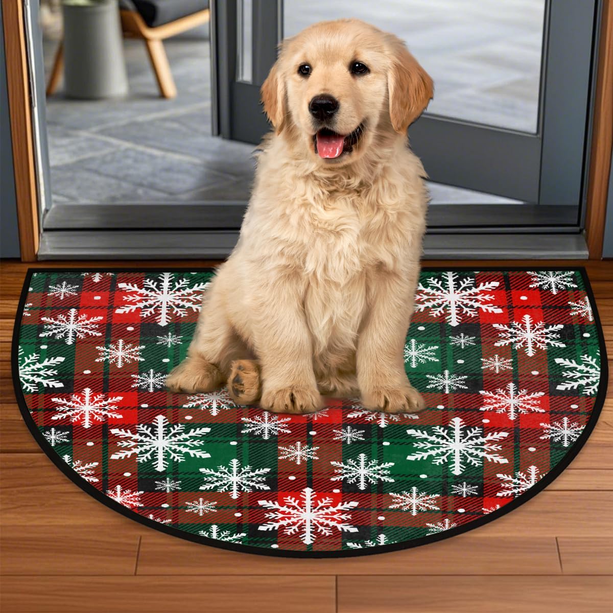 Half Round Door Mat Snowflake Colorful Christmas Non-Slip Soft Semi Circle Rug Washable Half Moon Welcome Entrance Doormat for Outdoor Indoor Floor Bedroom Bathroom Home Kitchen Festival Decor Gift