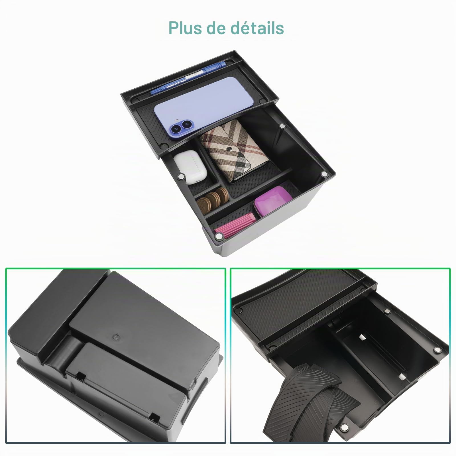 GAFAT Compatible avec Kia EV3 GT Line 2025 2026 Organiseur Console Centrale, Étagère Supérieure avec Rails Coulissants, EV3 2025 Étagères de Rangement Sous la Console Centrale avec Tapis