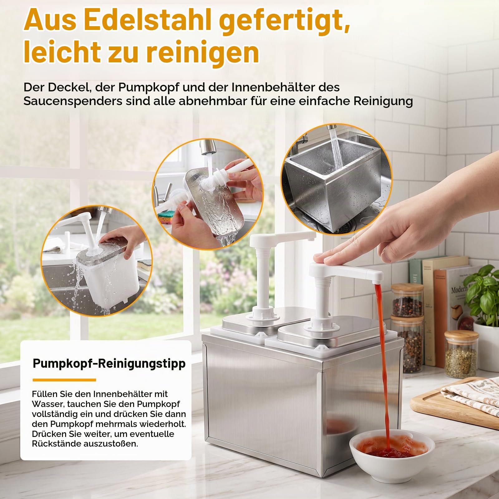 4L Ketchup Spender, Saucenspender Pumpstation, Soßenspender 304 Edelstahl Lebensmittelecht, Tropffrei 30ml pro Pumpstoß, Spülmaschinenfest, Ideal für Ketchup, Mayo, Senf, Gastro Saucen-Spender, 2x 2L