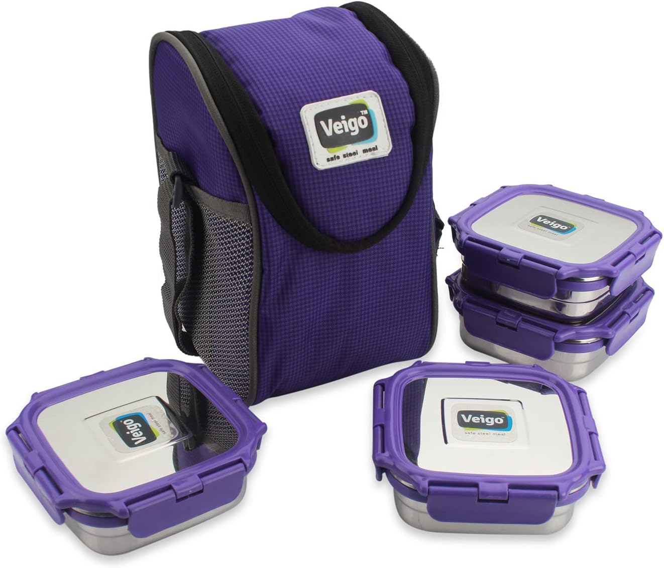 Veigo Premium Finish Lock N Steel 4 Container with Lunch Bag, Airtight Leakproof Lunch Box Sleek & Compact Design Easy to Carry Perfect for Office,School,Outdoor Purple 4 Pieces, Medium - 330 ml