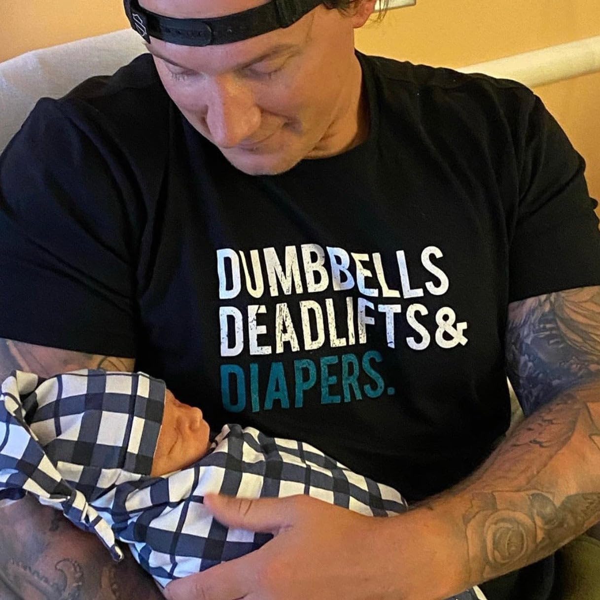 DadBod Apparel DB Original Dumbbells, Deadlifts & Diapers Dad Gift Shirt (Black) - New Dad Tee for Men with Kids or Baby