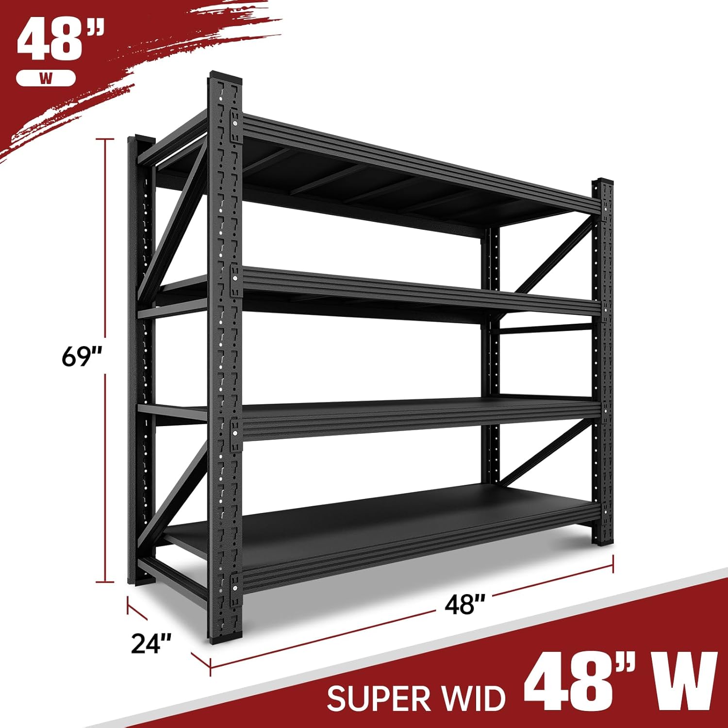 RAVIGIN 3000LBS Storage Shelves, 48" W Garage Shelving Heavy Duty Metal Adjustable Garage Shelves, Shelving Units Industrial Shelving for Warehouse, 48" W x 23.7" D x 70" H, Black