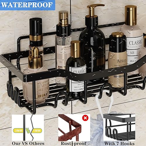 Miniatura 3 de Organizador de ducha, paquete de 2 organizadores adhesivos para ducha con 14 ganchos, 4 adhesivos, sin perforaciones, estante de ducha inoxidable