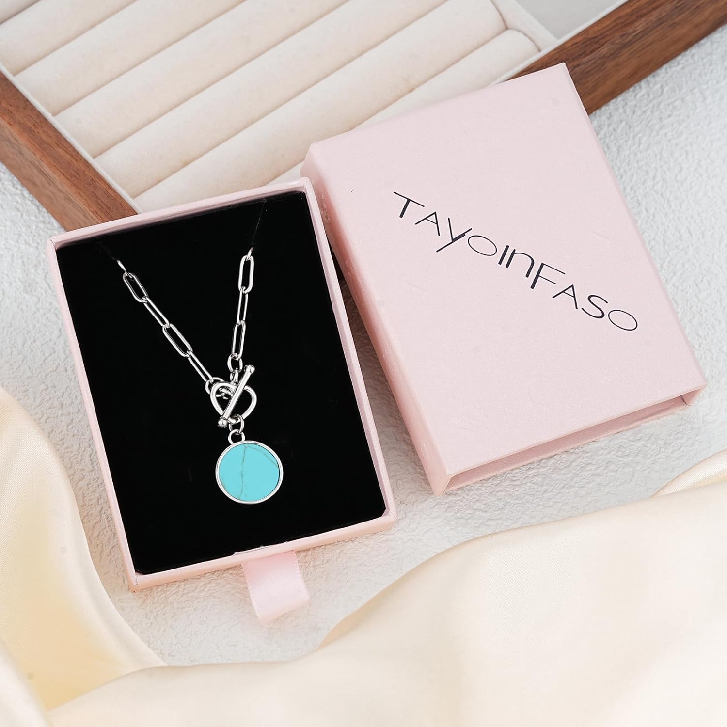 Paperclip Toggle Necklaces for Women Double Clasp Natural Gemstone Heart Pendant Coin Chain Necklace Paperclip Jewelry Valentine's Day Gift for Wife Girlfriend - Image 7