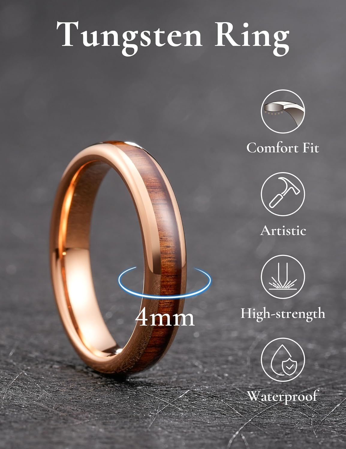 THREE KEYS JEWELRY 4mm 6mm 8mm Black Tungsten Wedding Ring Domed with Real Koa Wood Inlay
