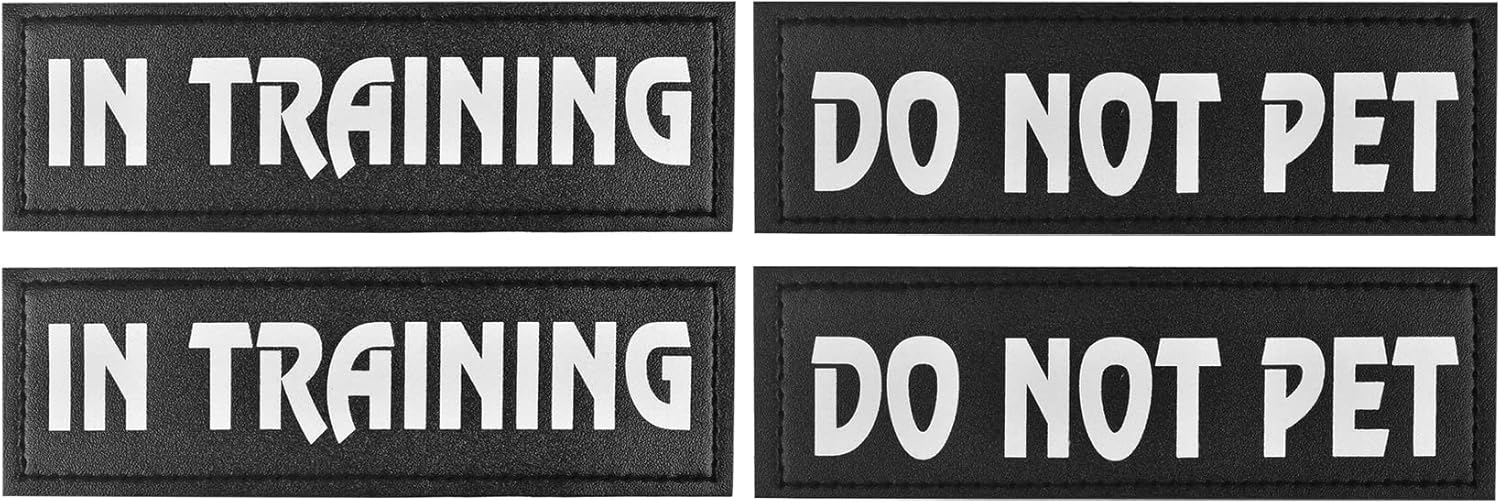 4 Pcs DO NOT PET Dog Harness Patches with Hook Backing, in Training Dog Patch Tactical Dog in Training Harness Reflective and Removable Tags, Dog Patches for Harness (6.2 X 1.9) Inch