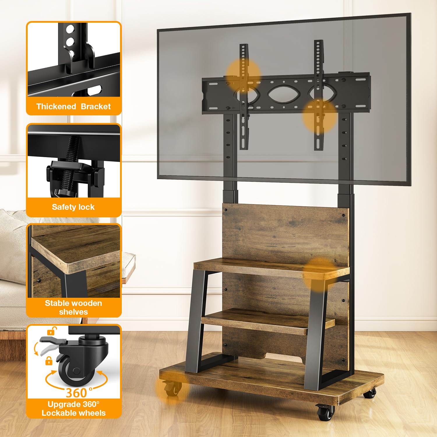 Mobile Supporto TV da Pavimento per TV da 37 a 75 pollici, carrello TV mobile con portaoggetti a 3 ripiani, Porta TV da terra altezza regolabile (68 kg carico), MAX VESA 600x400 mm