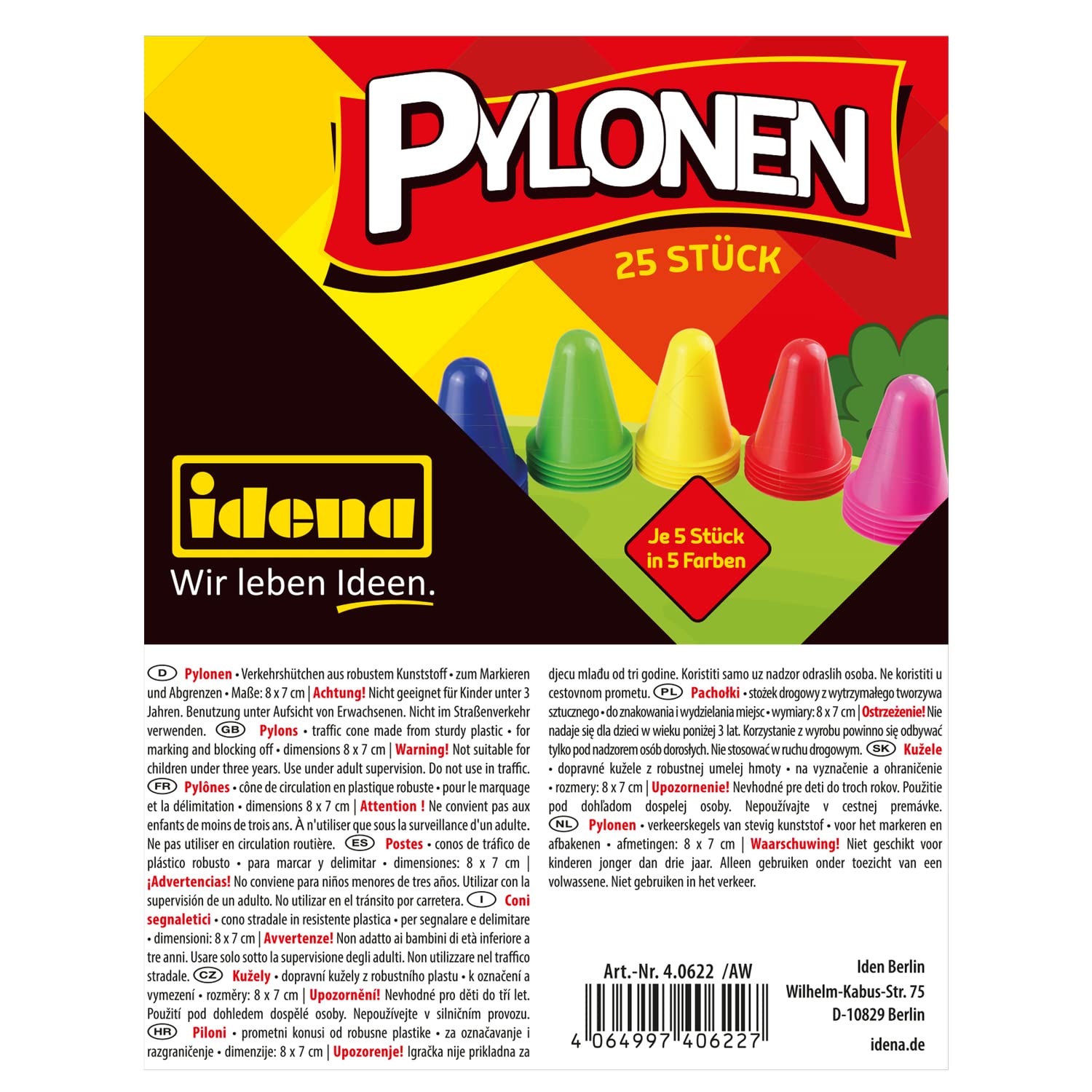 Idena 40622-25 pylonów, plastikowe pachołki ostrzegawcze w różnych kolorach, ok. 8 cm wysokości, możliwość układania w stosy, pachołki drogowe do sportu, rekreacji, slalomu, piłki nożnej i klubów