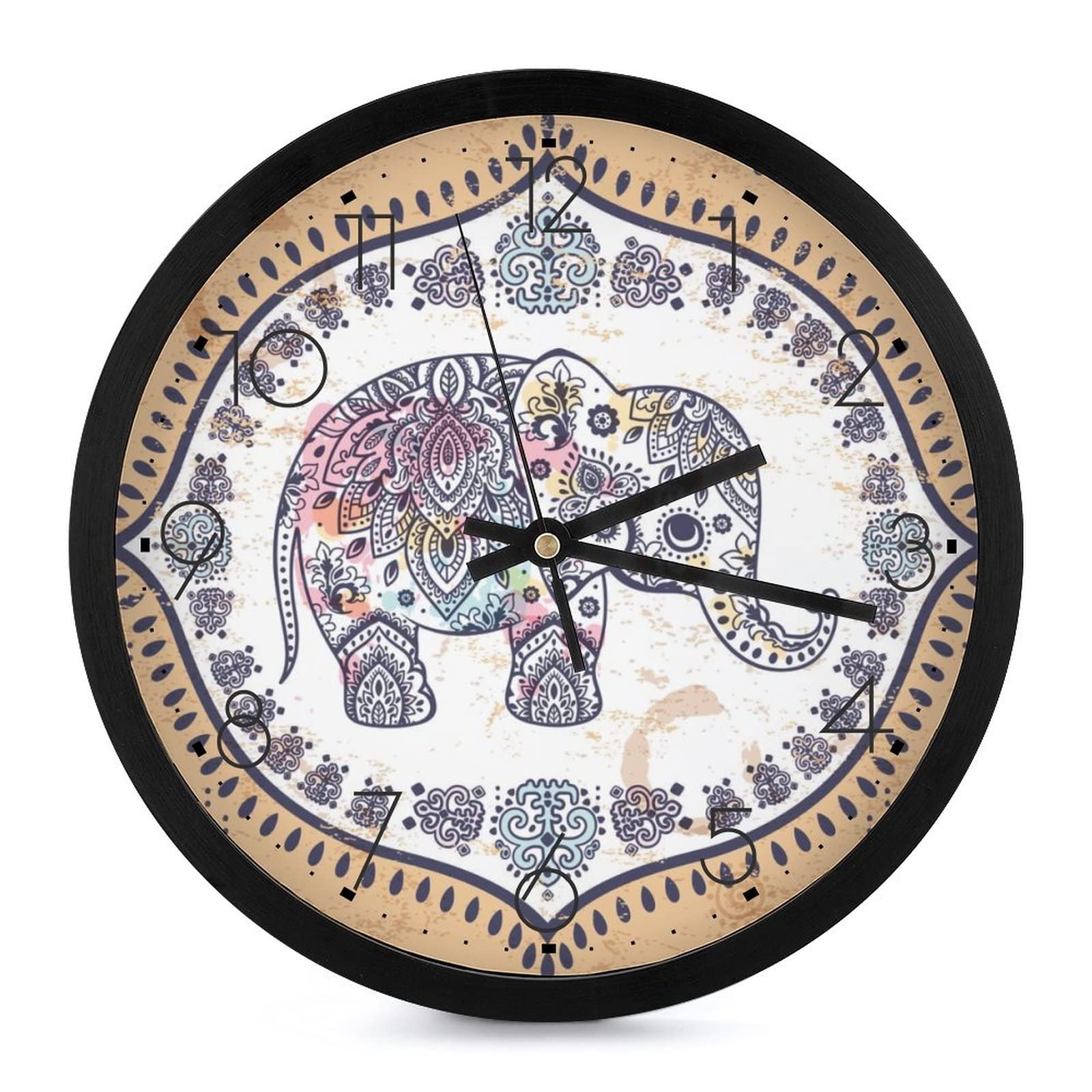 Horloge murale ronde mandala éléphant grands chiffres salon chambre 25.4cm