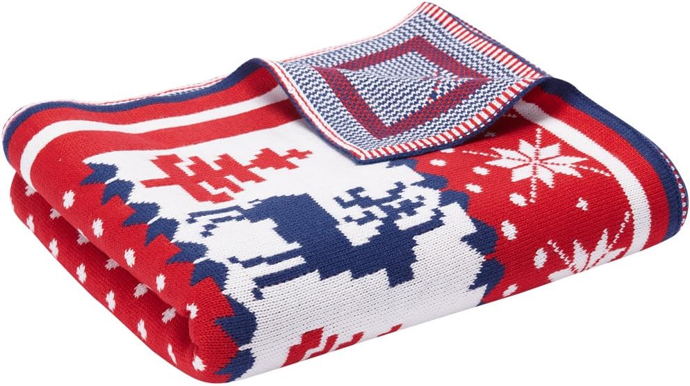 Blueberry Pet Super Soft Cozy Ugly Christmas Reindeer Knitted Throw Blanket, 50” x 60”, Tango Red & Navy Blue