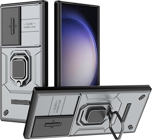 Funda protectora para Samsung Galaxy S23 Ultra con cubierta deslizante para cámara, grado militar, a prueba de golpes, resistente, con función atril