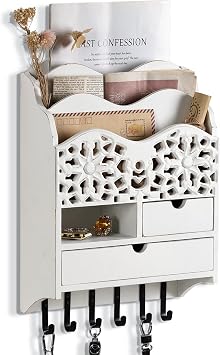 3-Slot Mail Sorter Organizer Wall Mount with 6 Hooks, Key Holder for Wall Decorative with 2 Drawer, Key Rack Hanger for Home Coat/Letter/Magazines/Dog Leash/Entryway/Room Decor