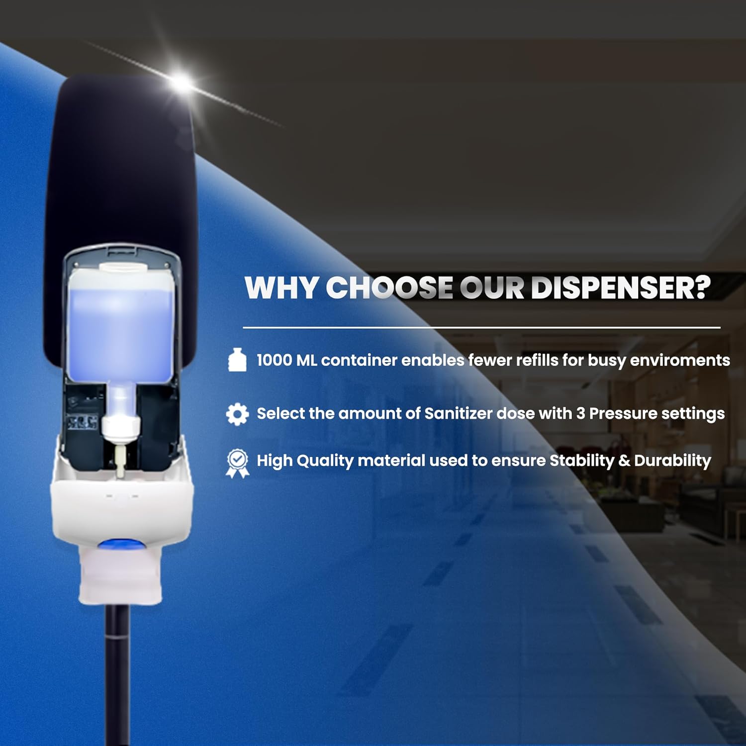 Kingdom Elite Series Automatic Touchless Hand Sanitizer Dispenser with Three Adjustable Dosage Settings Plus a Black Metal and Plastic Stand (Plain/Non-Personalized)