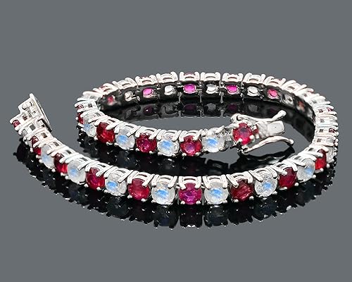 Miniatura 2 de Pulsera de tenis de 0.157 in de corte redondo con rubí natural y piedra lunar arco iris, piedra natal de julio, joyería de compromiso y boda, regalo