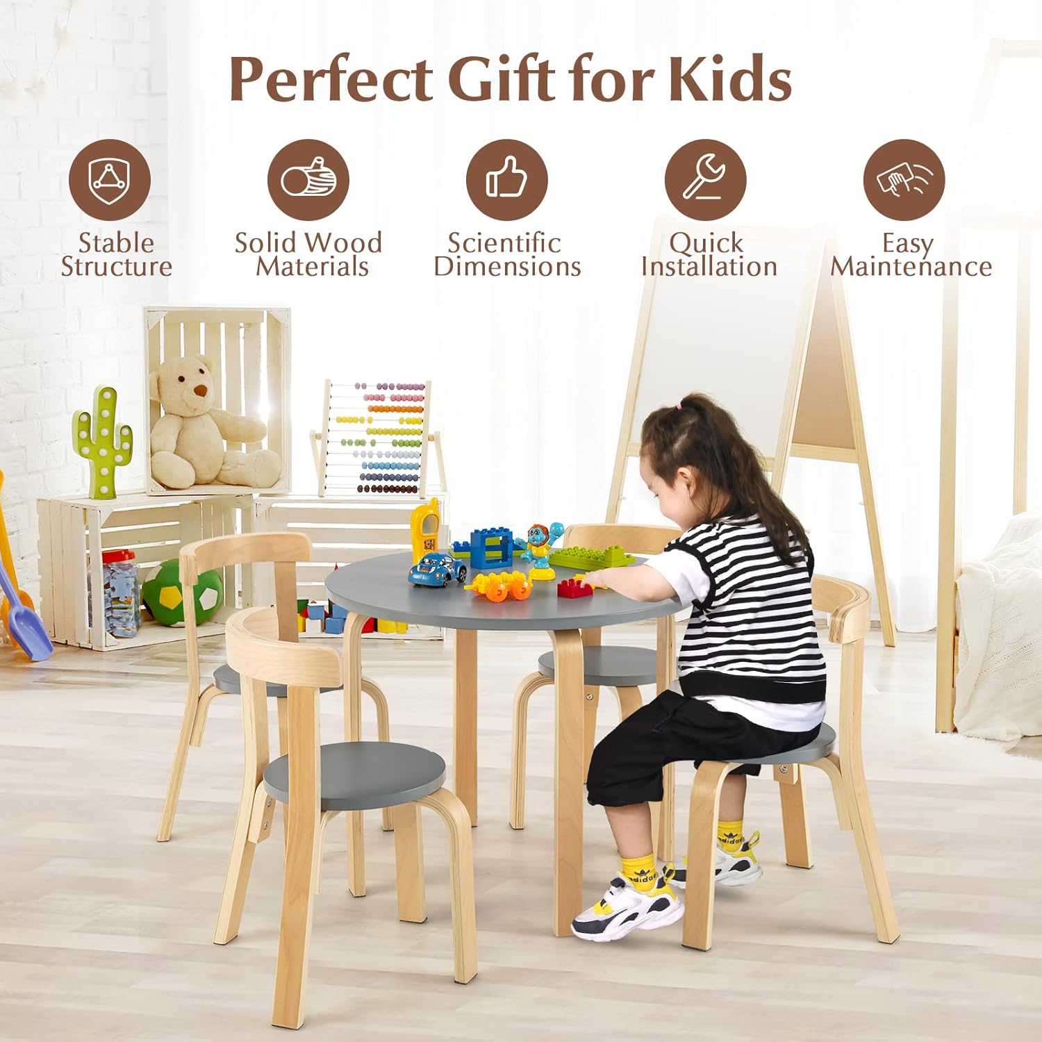 Costzon Kids Table and Chair Set, 5-Piece Wooden Activity Desk Set w/Toy Bricks, Classroom Playroom Daycare Furniture for Playing, Drawing, Reading, Bentwood Toddler Table and Chairs (Grey)