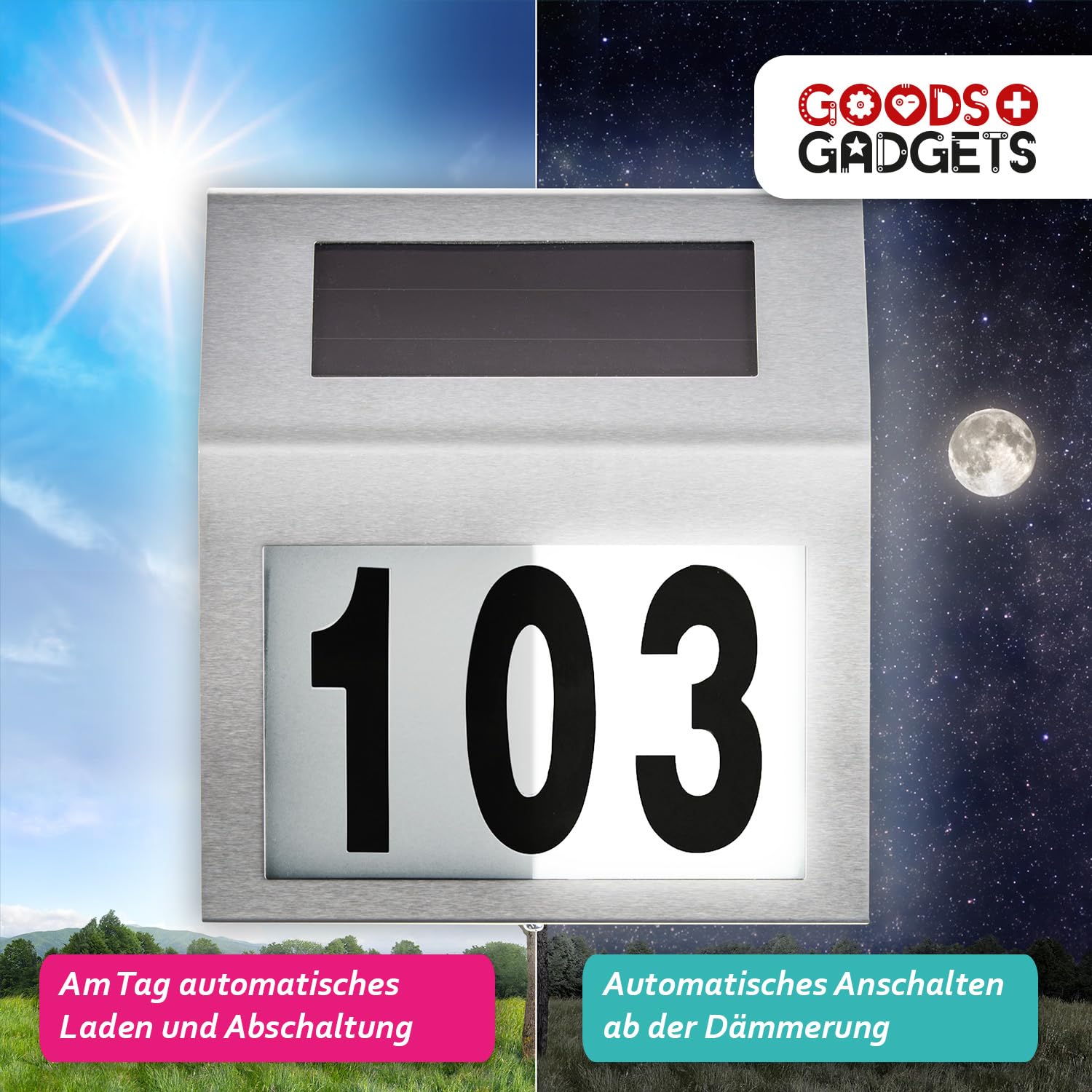 Solarny podświetlany numer domu z oświetleniem LED ze stali nierdzewnej IP44 (standard)