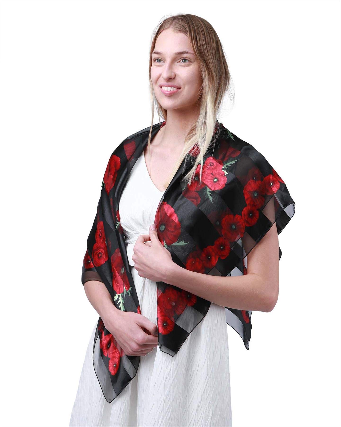 Basic Sense Poppy Square Scarf Satin Floral Wrap Shawl for Remembrance Day, Black