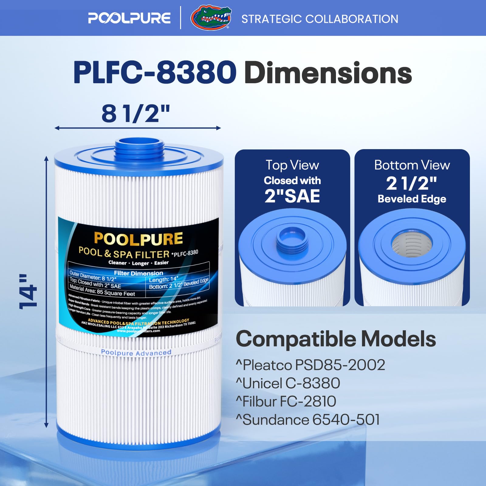 POOLPURE Filtre de Rechange pour Sundance 6540-501, PSD85-2002, Unicel C-8380, Filbur FC-2810, Excel Filters XLS-840, Aladdin 18007, Baleen AK-70031, Magnum SU80, 85 m², Longueur : 35,6 cm. cm