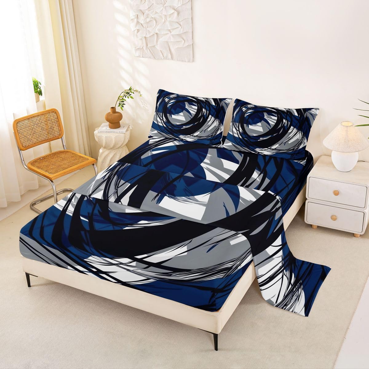 jejeloiu Geometric Circle Bed Sheets Set Full Size Modern Art Bed Set for Kids Boys Girls Abstract Deep Pocket Fitted Sheet Black Gray Blue Breathable Soft Lightweight Microfiber