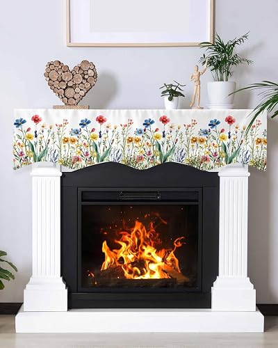 Mantel Scarf 90 x17 Inch, Spring Summer Colorful Wildflower Leaves