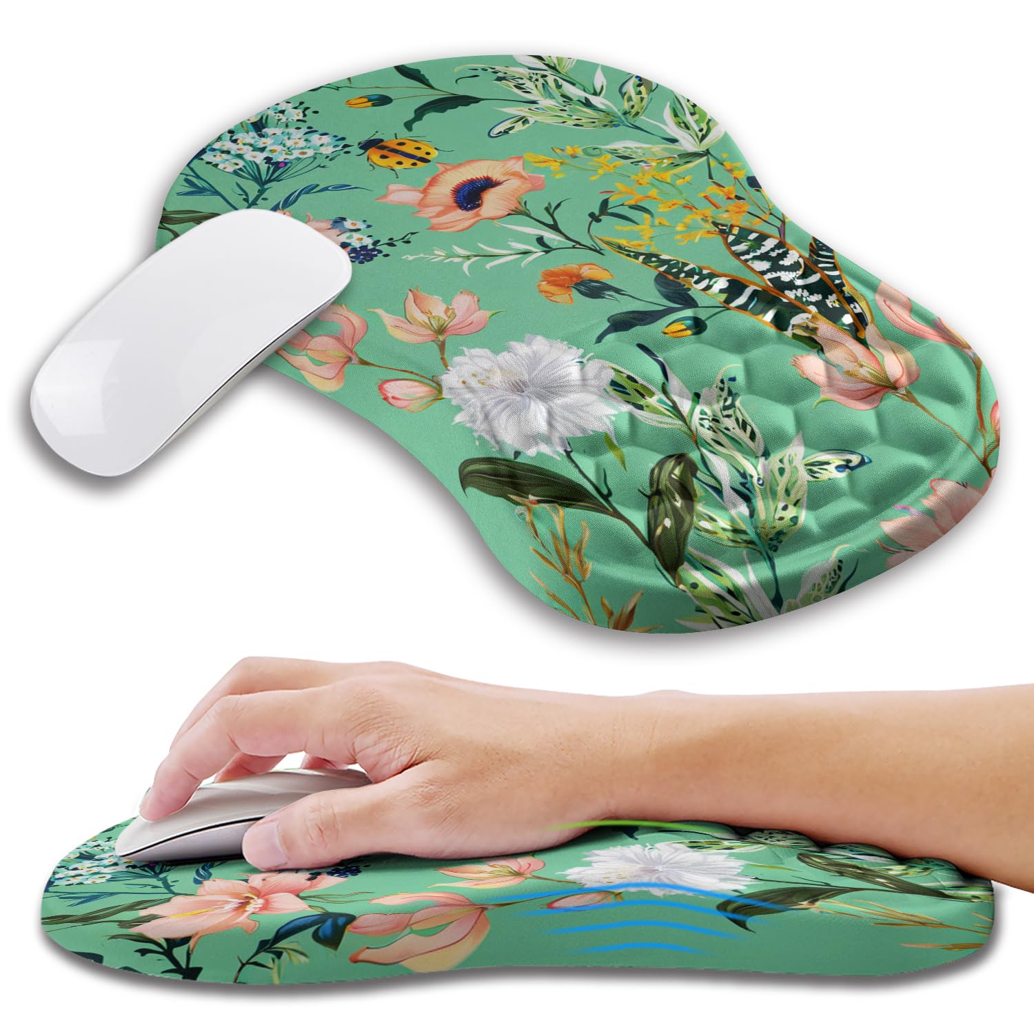 Alfombrilla ergonómica para mouse con espuma viscoelástica para masaje, túnel carpiano, alivio del dolor, reposamuñecas para mouse (12 x 8 pulgadas, flores rosas)