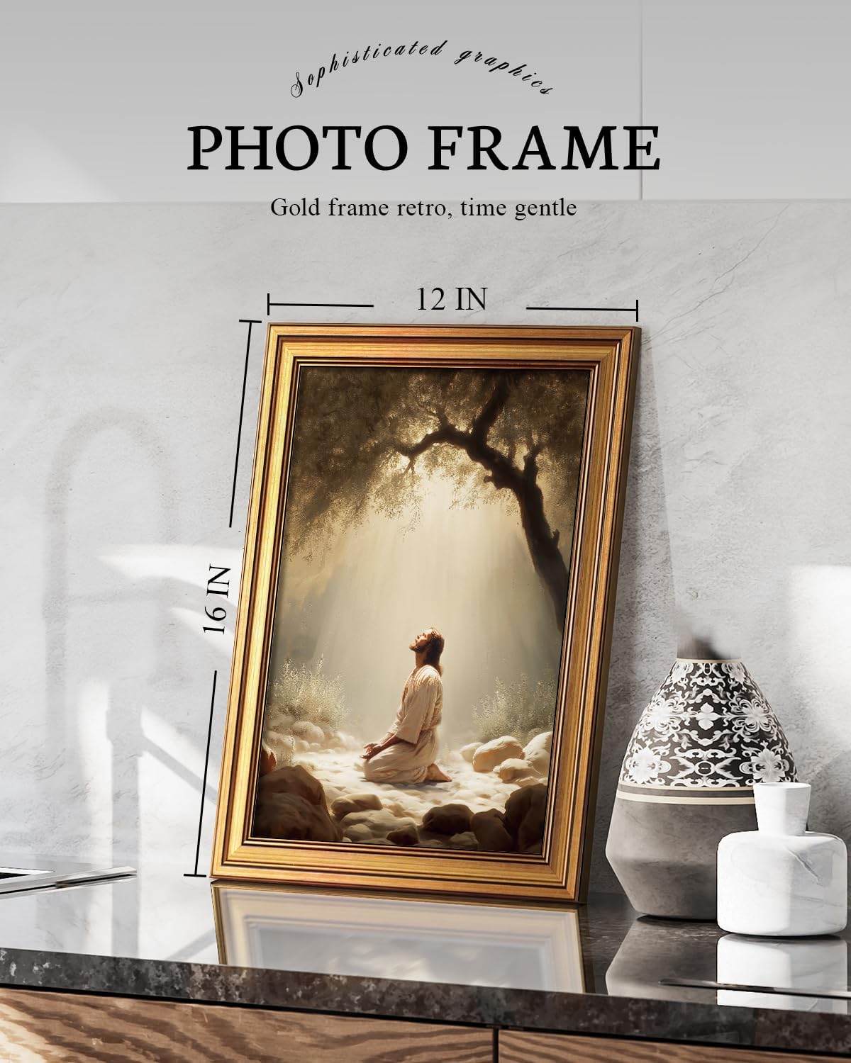 VIYYIEA Gold Framed Christian Vintage Canvas Wall Art, Jesus Prayers Canvas Wall Decor, Jesus Praying in the Garden of Gethsemane Poster Prints for Bedroom Church Home Decoration 12x16in