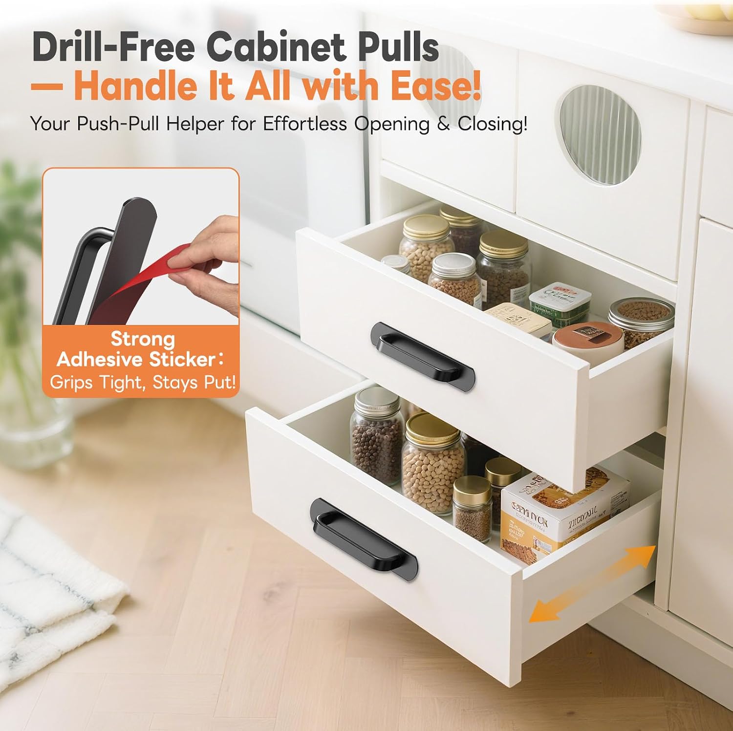 8 Pack 5.7 Inch Adhesive Cabinet Handles - No Drill Stick on Door Push Pulls for Closet, Drawer, Fridge - Peel & Stick Sliding Door Handles with Strong Adhesive & Secure Grip (8, Black)