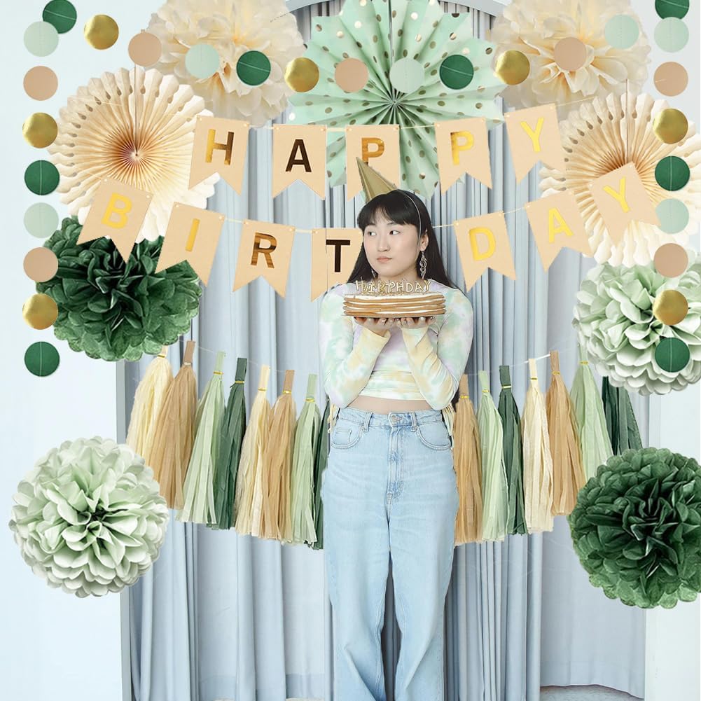 セージグリーン バースデーパーティーデコレーション Happy Birthdayバナー付き セージクリームペーパーポンポンペーパータ