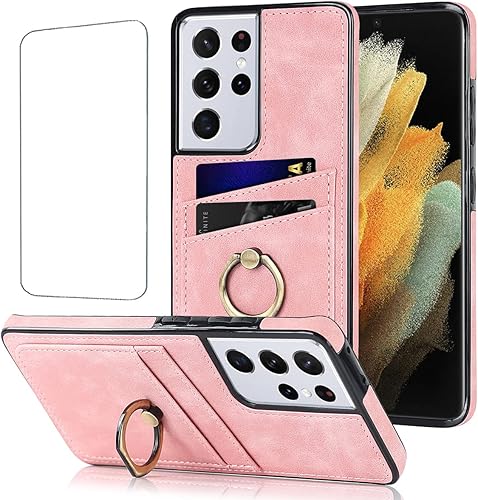 NKECXKJ Funda tipo cartera para Samsung Galaxy S21 Ultra con protector de pantalla de vidrio templado, anillo de rotación de 360, función atril, de