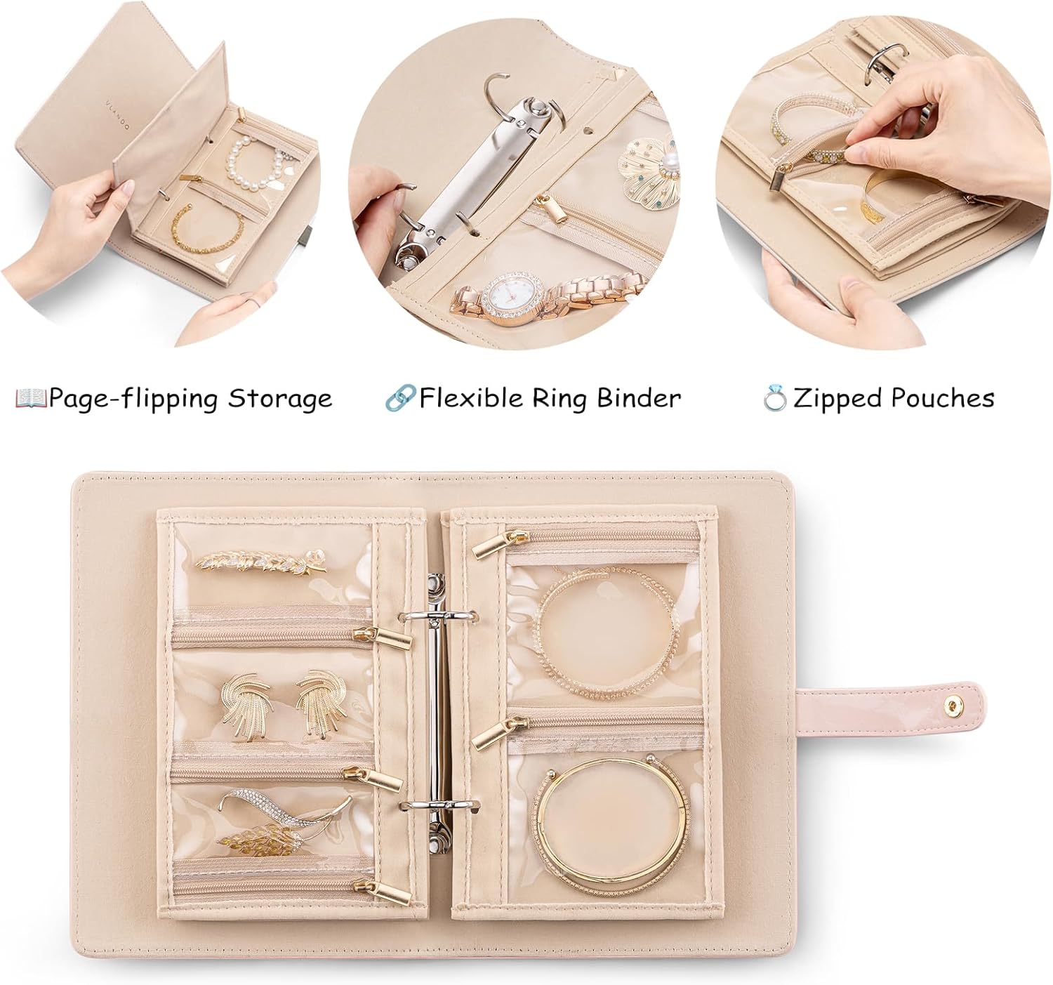 Vlando Jewelry Book Organizer - Leather Travel Jewelry Case with 5 Detachable Pages for Necklaces, Rings, Earrings, Tangle-Free, Giftable,Seashell Pink
