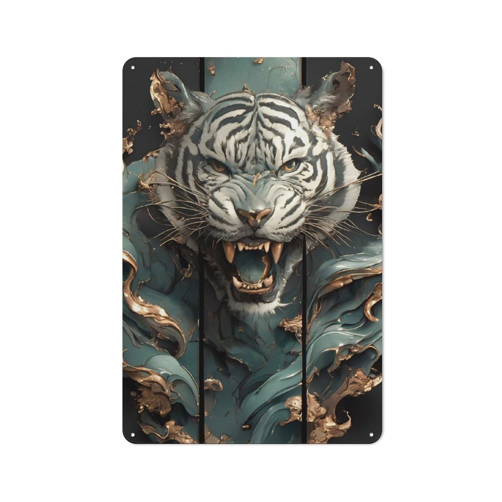 Junmoney Style-19 Roaring Tiger Teal And Gold Art Retro-Style Printed Metal Sign 30X20cm For Hallway Wall, Winter Wall Decor For Wall Display Collectors