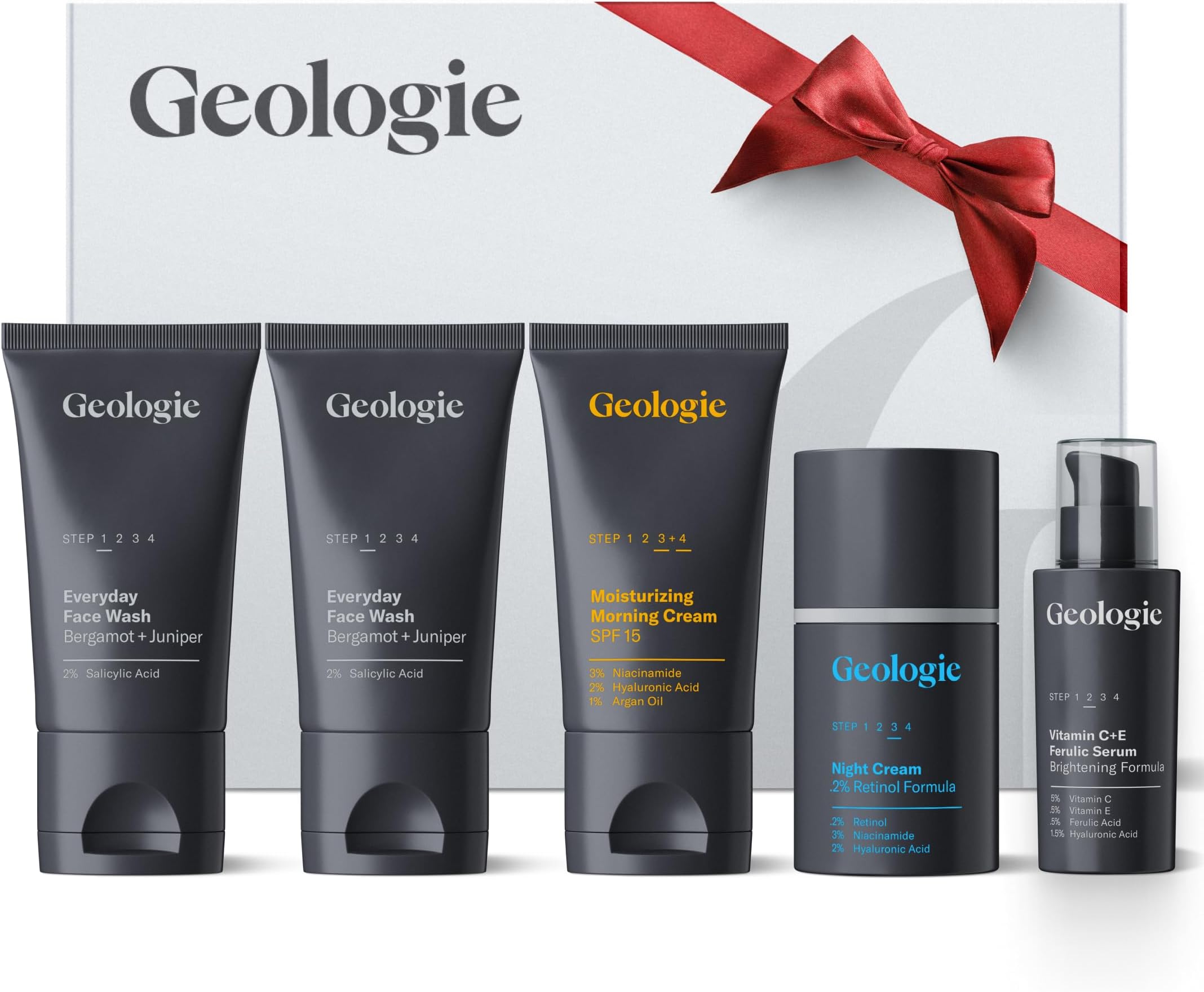 Skincare Gift Set | 5-Piece Kit Includes 2 Face Washes, SPF15 Moisturizer, Retinol Cream & Vitamin C Serum | Daily Routine for Clear, Healthy Skin for Men and Women | Lasts 3 Months