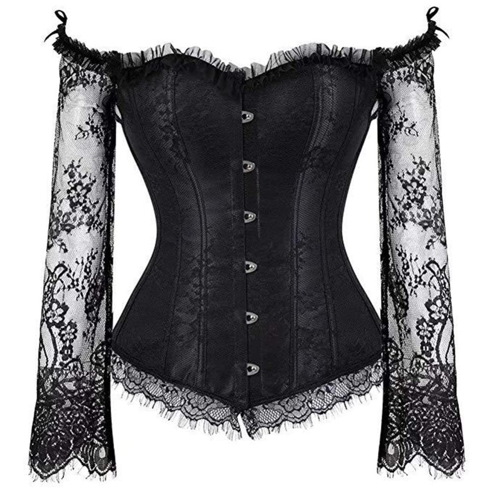 Corsetto Donna,Corsetto In Pizzo A Maniche Lunghe In Maglia Da Donna Retro Top Con Spalle Scoperte Boho Corsetto Floreale Bustier Gotico Esotico Corpetto Overbust Body Shaper Lingerie Corsetto Disos