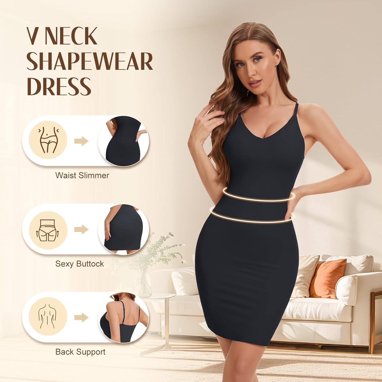 Shapewear Dress Slip for Women Tummy Control V Neck Full Slip Seamless Body Shaper with Adjustable Strap - Image 2