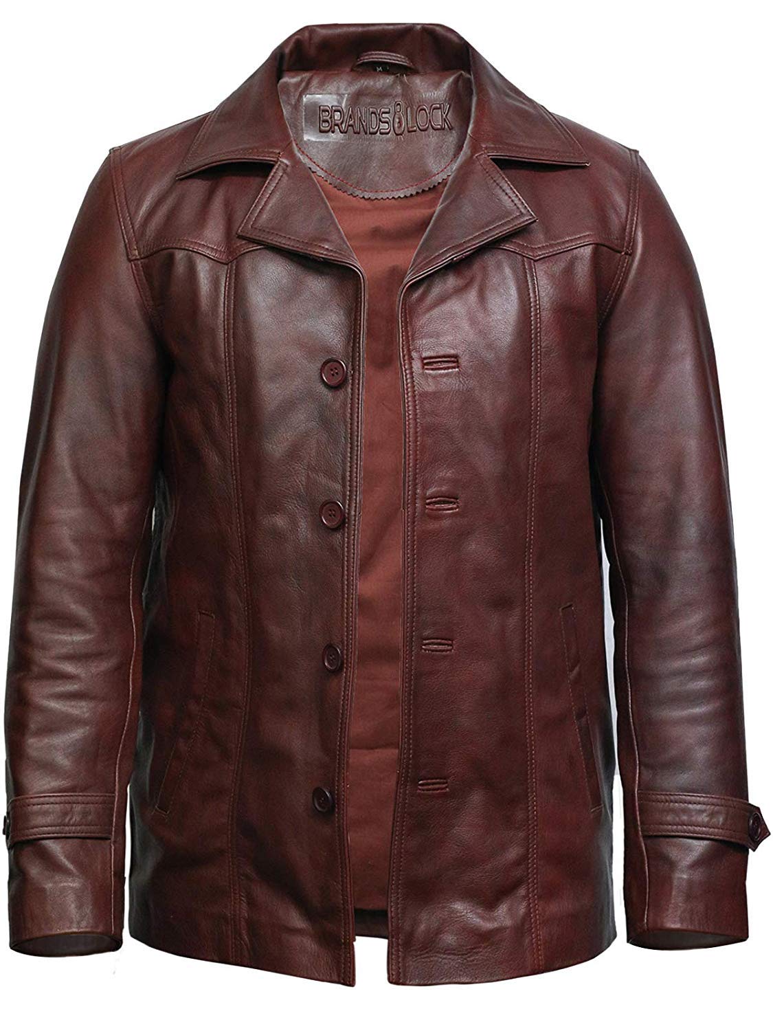 BRANDSLOCK Herren Echt Rindsleder Lederjacke Trenchcoat Safarimantel Gewaschen