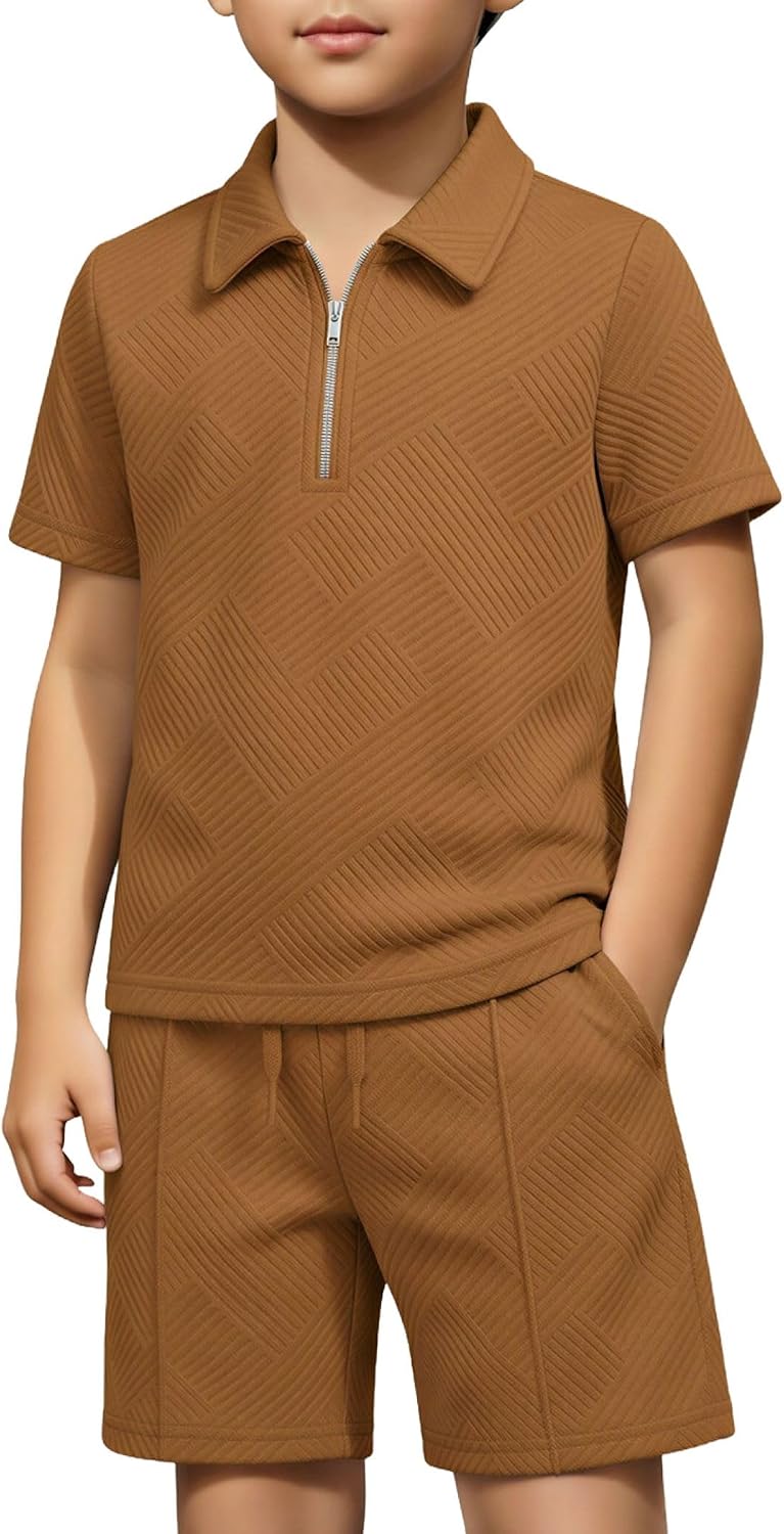 Arshiner Boys 2 Piece Outfits Zip Polo Shirt & Drawstring Shorts 4-13 Years
