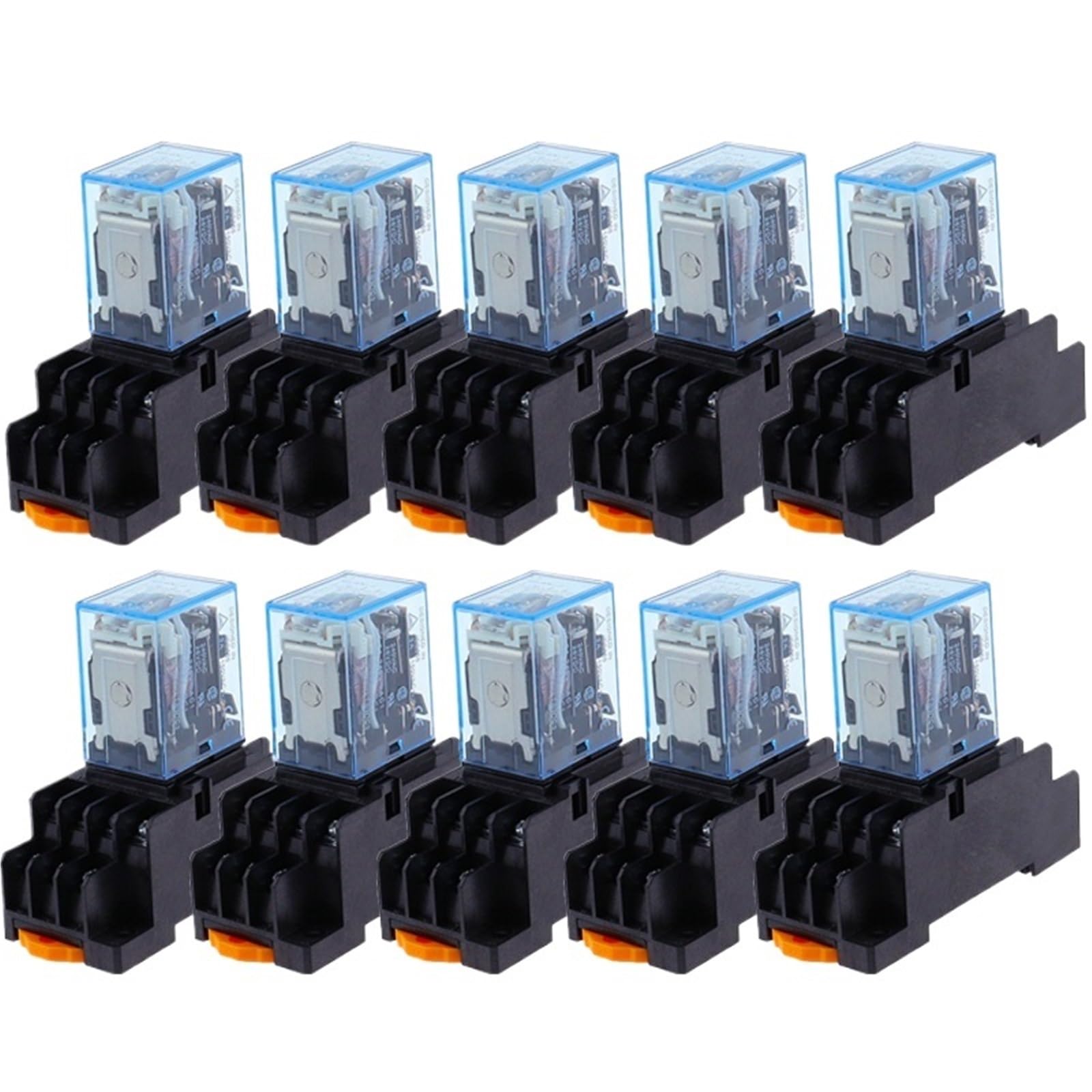 Juego de 10 relés de potencia con indicador LED, CC, 12 V, CA, 12 V, CC, 24 V, CA, 24 V, bobina de 5 A, 4 NO, 4 NC, riel DIN, relé de tiempo de 14 pines con base de zócalo(AC,380V)
