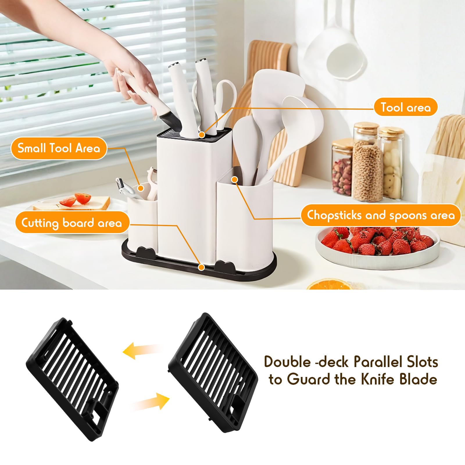 4 in 1 Ceppo Coltelli Vuoto Universale, Ceppi Portacoltelli Vuoti Quadrato, Ceppo Portacoltelli da Cucina con Fessura per Posate, Blocco Porta Coltelli, Supporto Coltello Senza Coltello (Bianco)