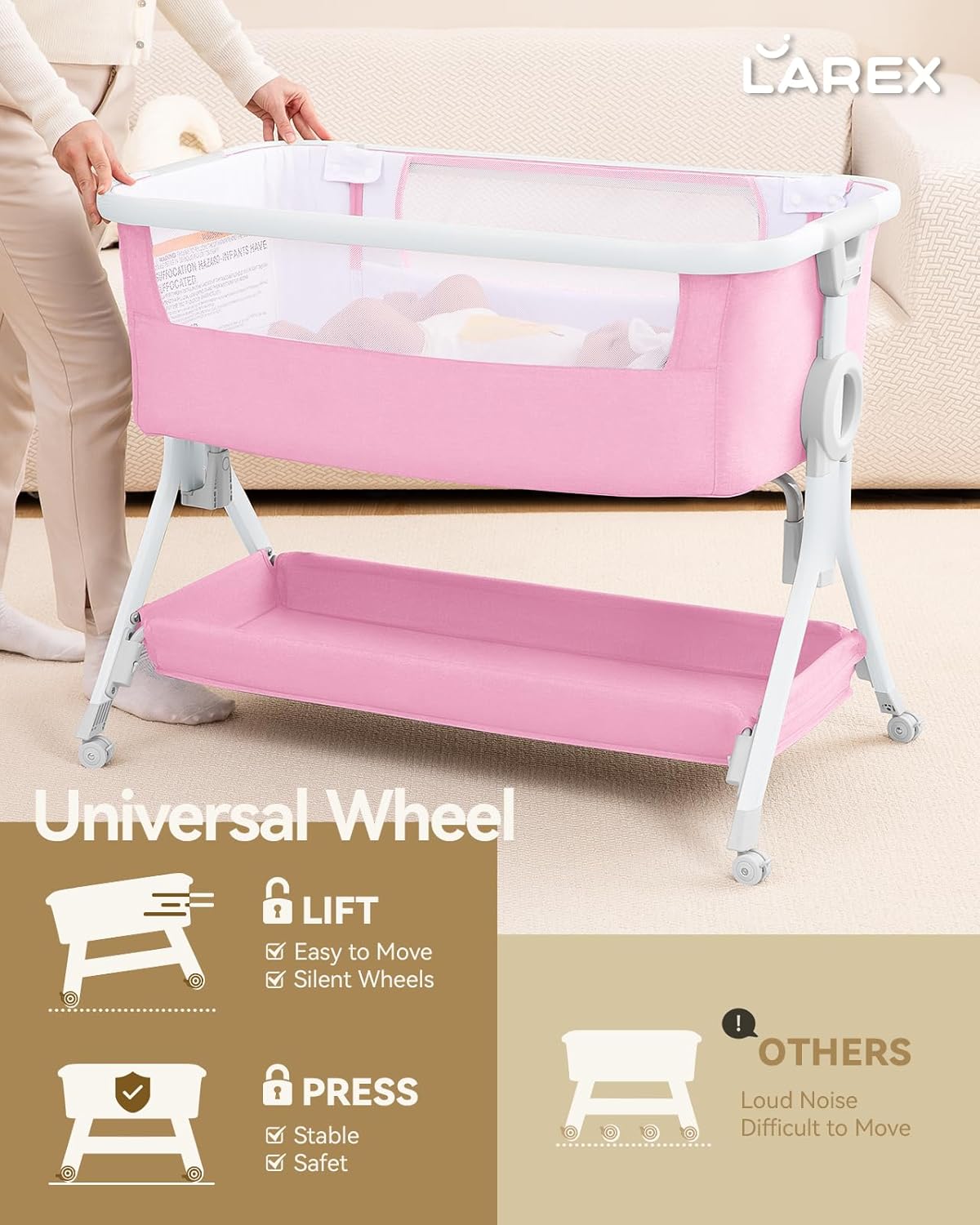 Larex Baby Bassinet Bedside Sleeper Crib Co Sleeper for Newborn Infant Toddler with Mosquito Net, Storage Bag & Basket, 5-Height Adjustable, Movable Wheels, Breathable Mattress & Mesh (Pink)