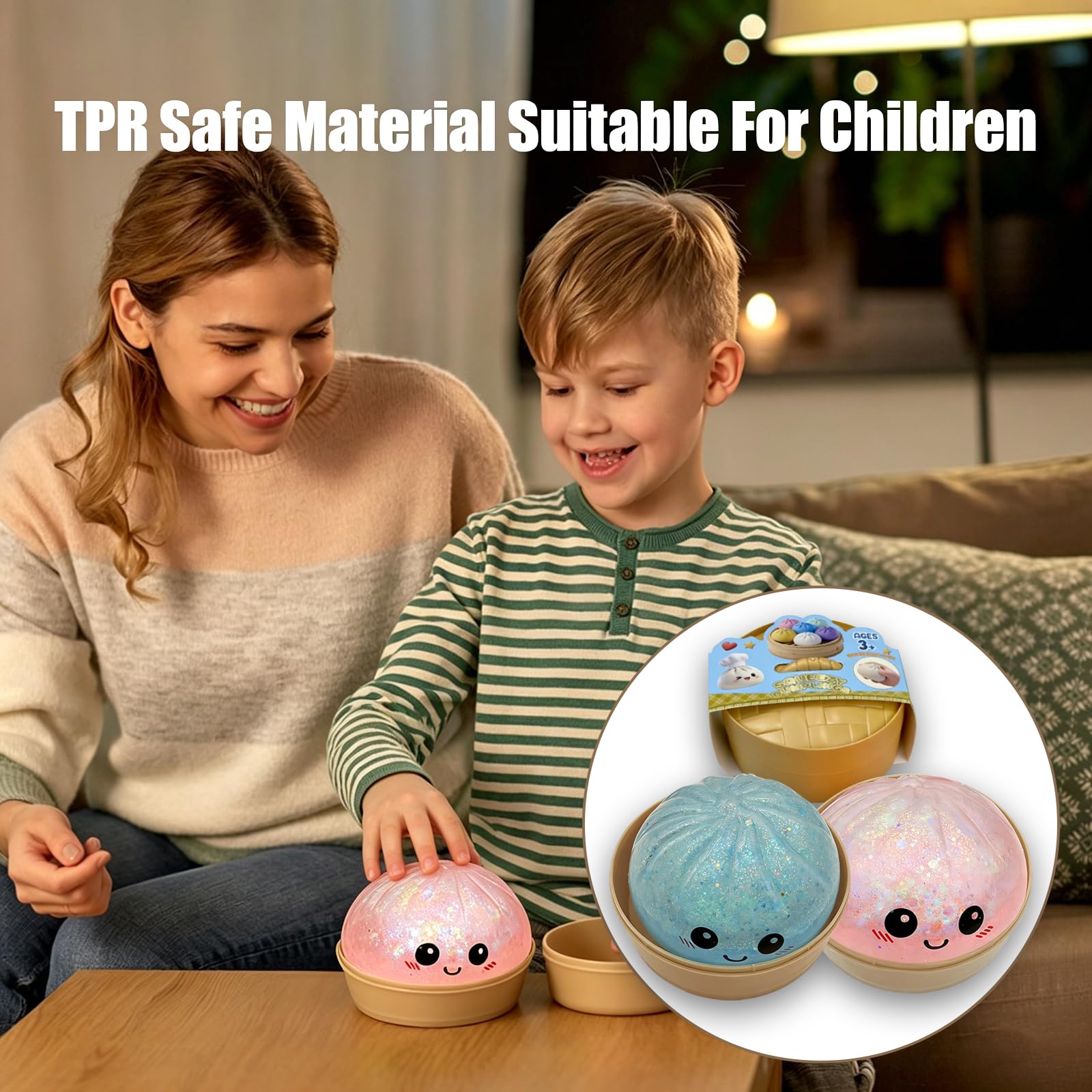 2 Piezas Giant Glitter Dumpling Squishy - Glitter Dumplings con Recipiente de Vapor Squishy Antiestrés para Adultos Y Adolescentes — view 5