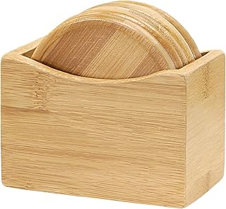 Thirsty Rhino Caban, 5 Piece Round Bamboo Wood Coaster Set With Holder Caddy Gift Box Stand, Bamboo Wood (2 Sets, 10 Coasters)