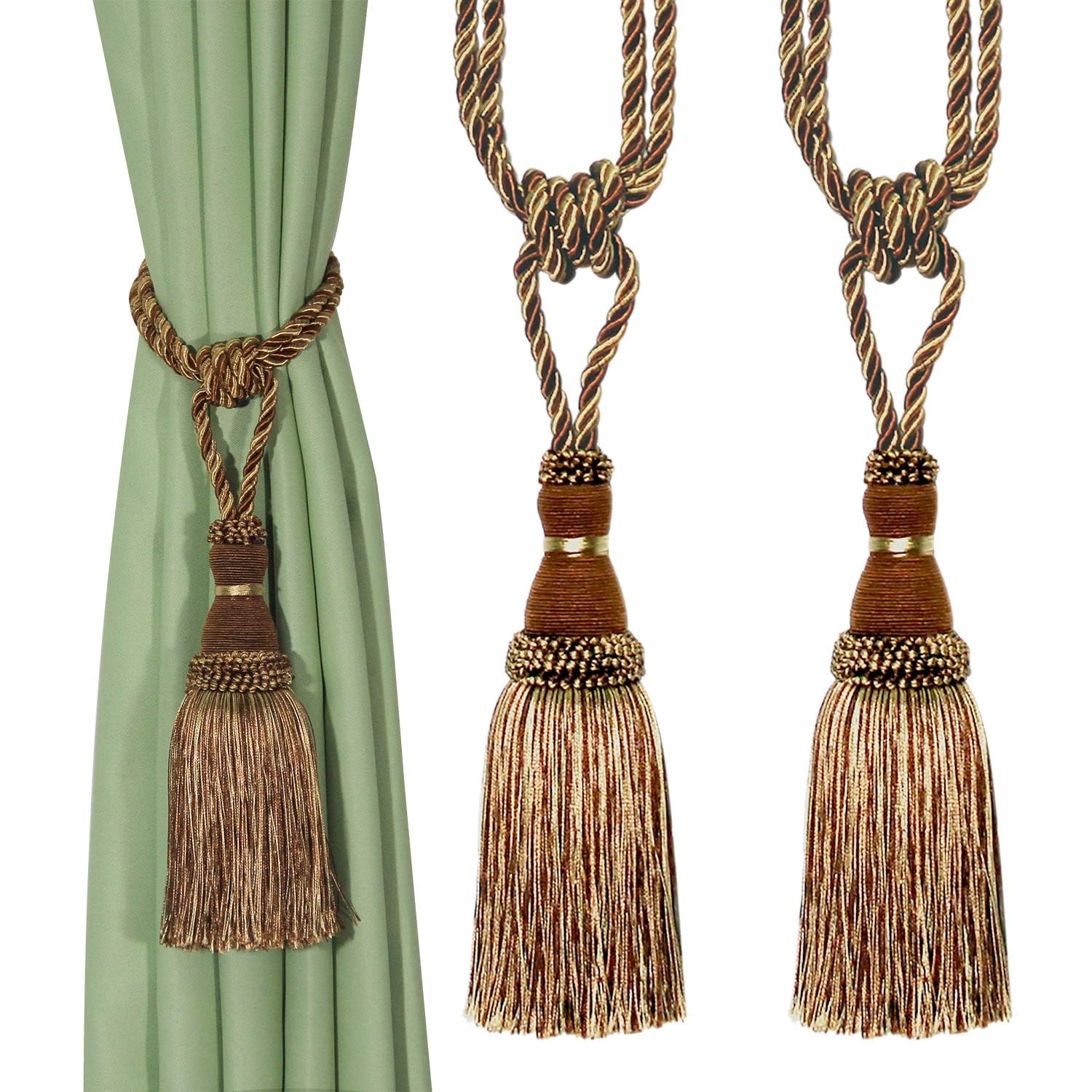 Tassel Curtain Tiebacks， Braided Rope Curtain Tiebacks With Tassels, Multicolor, 2/4 Pcs(Light Coffee,2pcs)