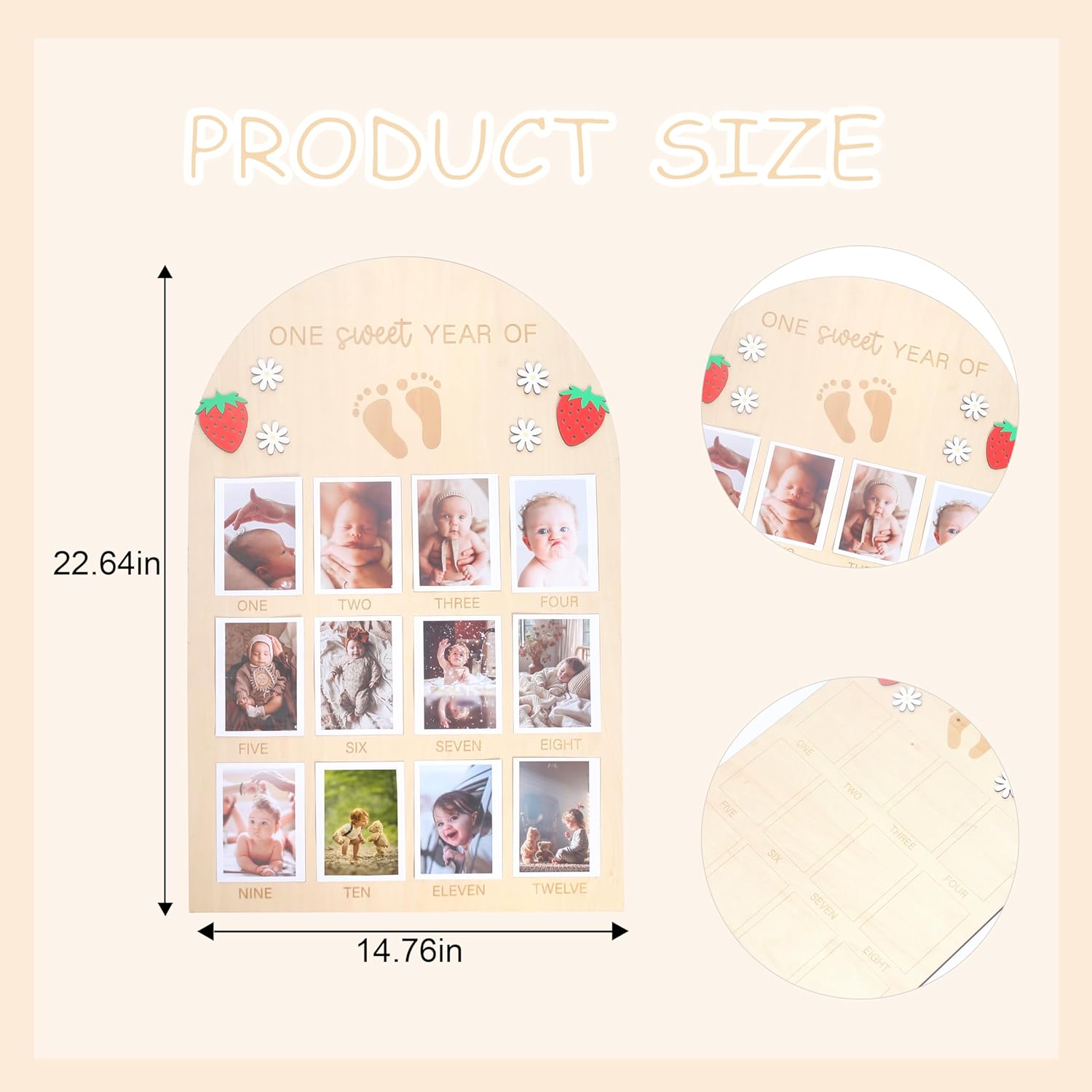 Baby Girl One Sweet Year Of Photo Board，Strawberry 1st Birthday Photo Board，Wooden Milestone Photo Frame，Monthly Milestone Wooden Sign For Baby's ，12-Month Photo Banner For Baby's Birthday Party