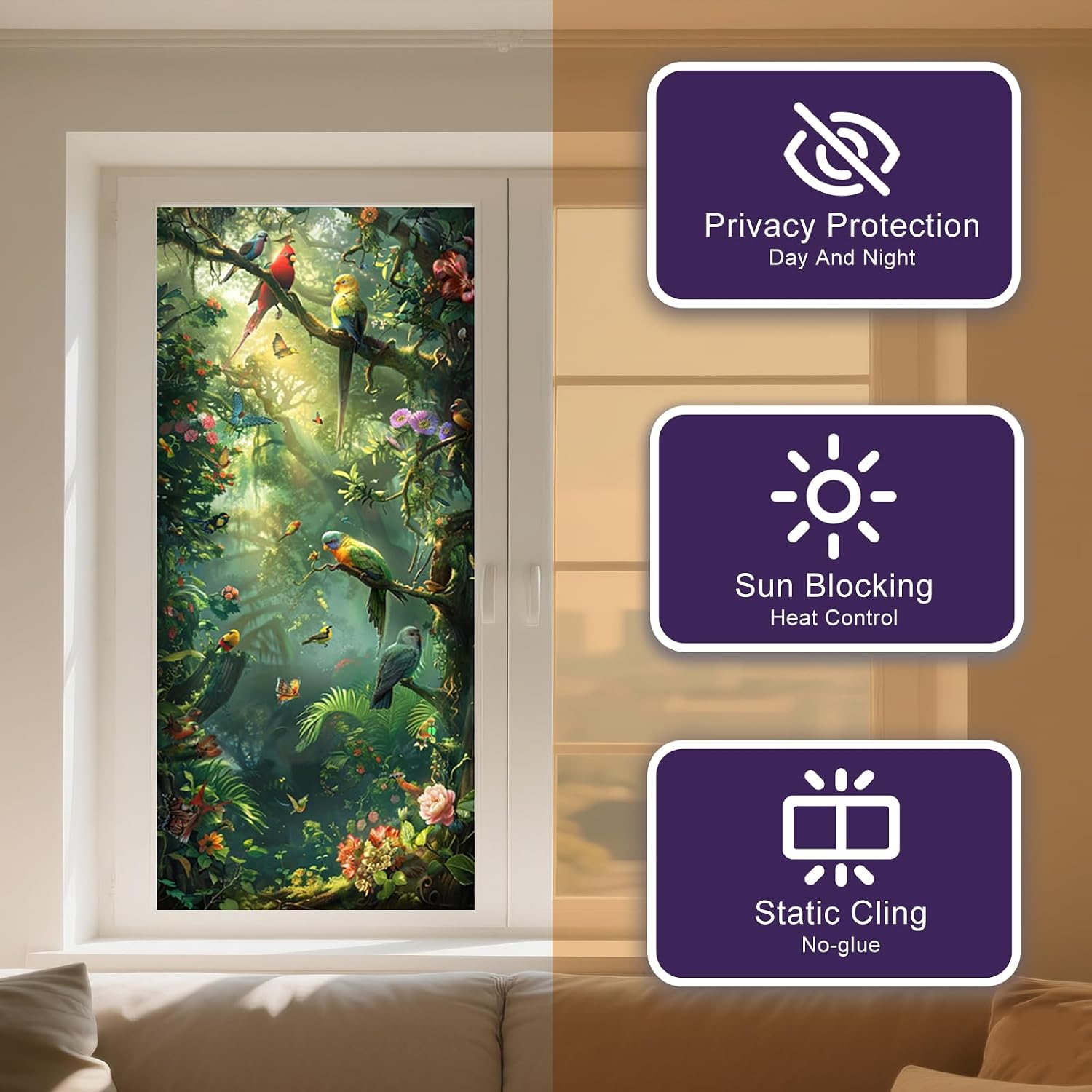 IVN Privacy Window Film Decorative Tropical Bird and Flower Design, Colorful Static Cling Window Film for Living Room Bedroom Door Panel 17.7 x 39.3 Inch
