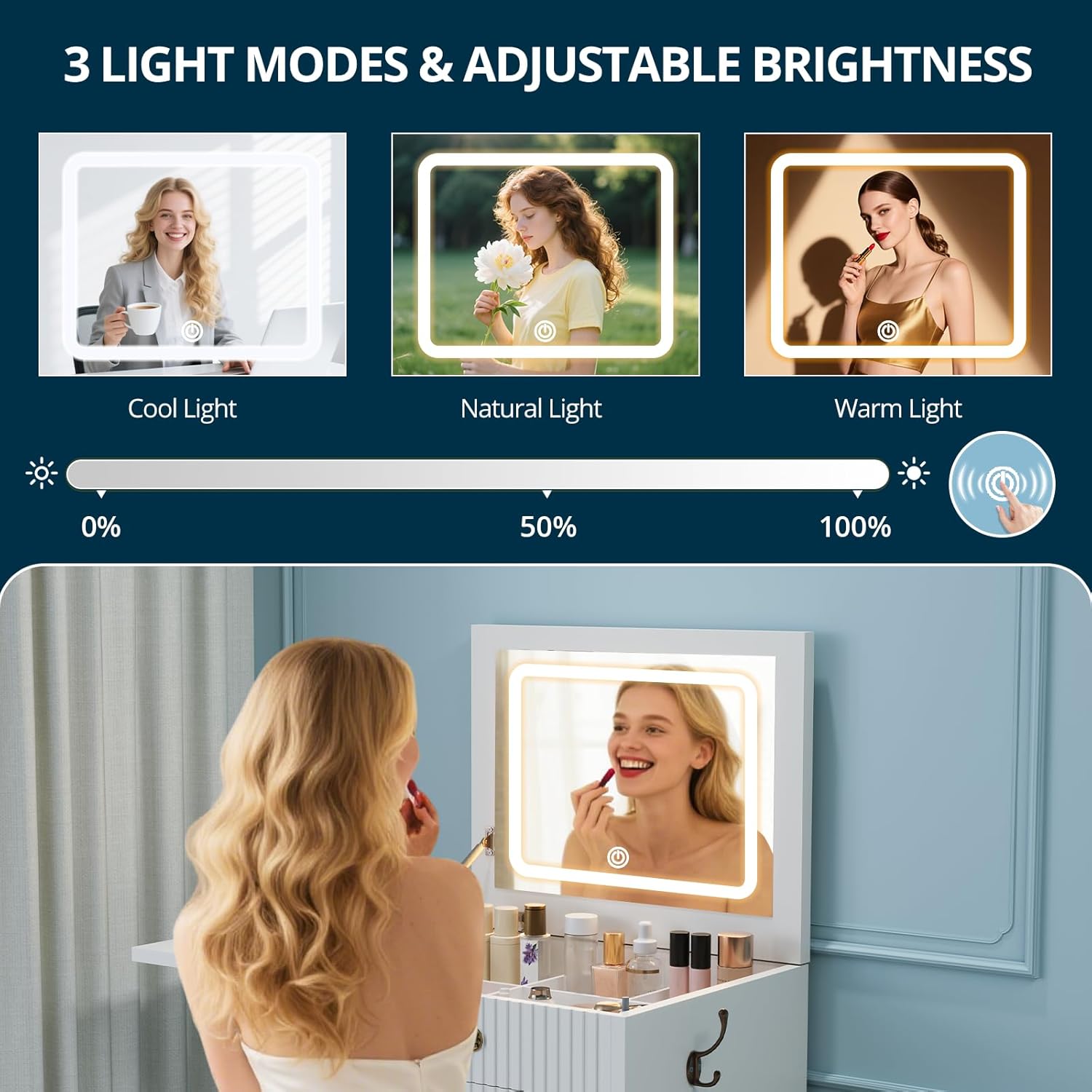 FURSUN 3-in-1 Vanity with Flip Mirror & Lights, Fluted Compact Vanity Table with 3 Drawers, Storage Compartment and Rolling Stool, Modern Small Makeup Vanity for Bedroom, Powder Room, Solid White