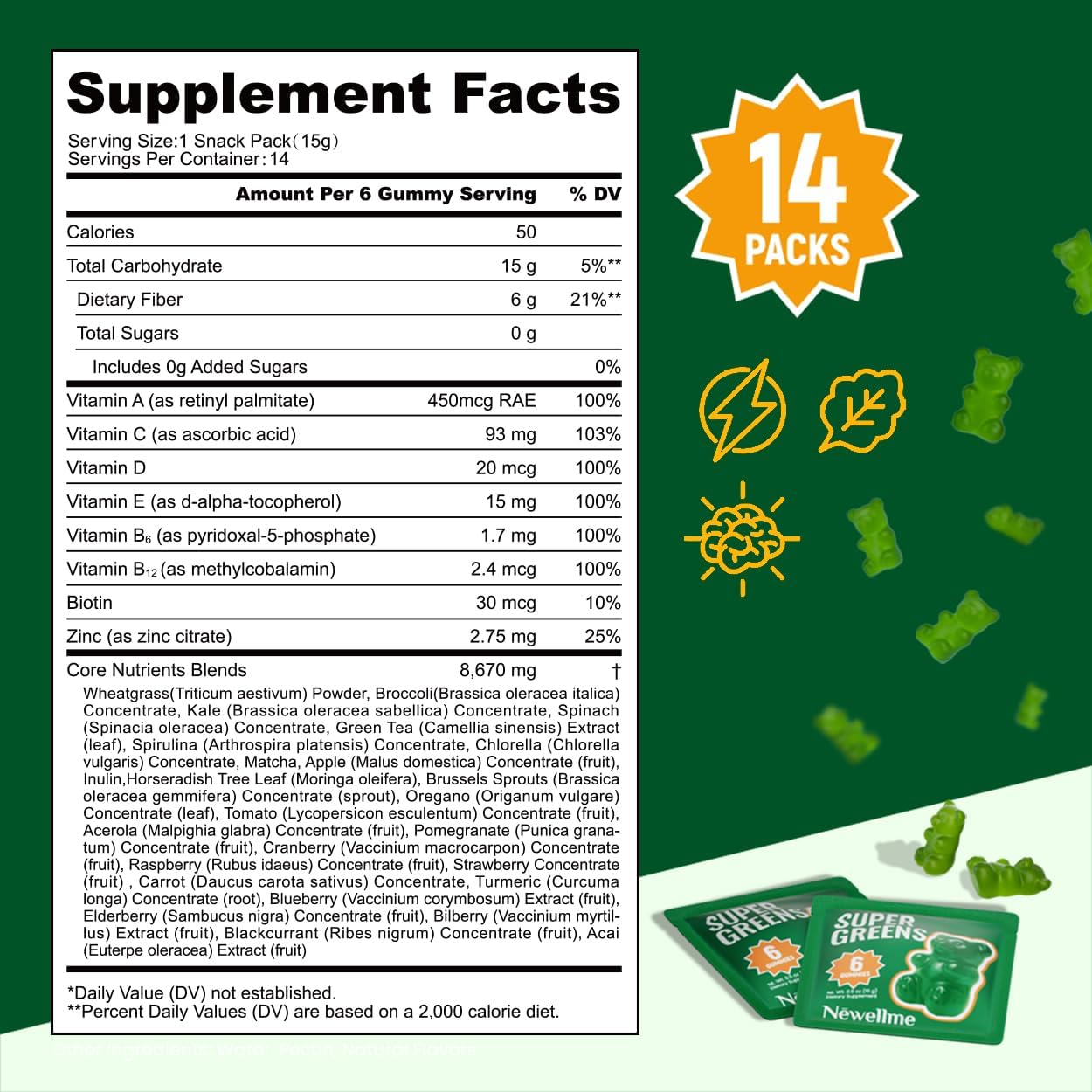 NEWELLME Super Greens Gummies, Delicious Daily Greens Multivitamin Gummy Bears with Superfoods, Fiber & Probiotics for Gut Health, Energy & Immune Support, Sugar Free, 14 Grab-and-Go Packs - Image 6